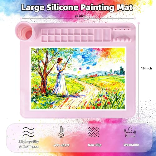Silicone Painting Mat, 20"X16" Craft Mat,Large Art Mat with Built in Cup and Paintbrush Holder, Nonslip Clay Mats, Color Dividers Silicone Mats for Painting, Table, Resin and DIY Pink - color: Pink