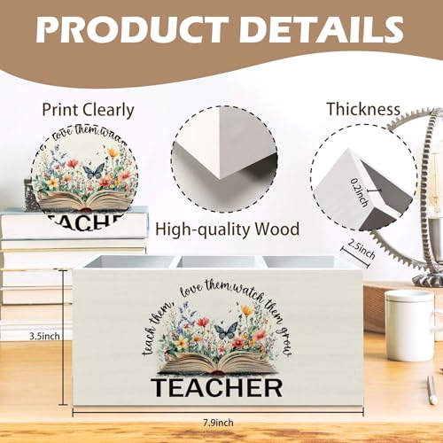 DILSJ Para Appreciation Gifts Pencil Holder Organizer for Desk, Thank You Teacher Gift, Teach Them Love Them Watch Them Grow Wooden Box Signs for Book Lovers Gifts Desk Tabletop School Supplies - color: Flower-1