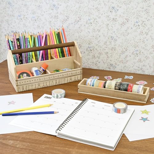 Ikee Design Small Wooden 5-Compartment Craft Tool Box Caddy with Drawer and Handle, Desk Art Supply Storage Organizer for Craft Tools, Makeup Essentials, 10 W x 4.9 D x 5.5 H in - color: Natural with Pattern