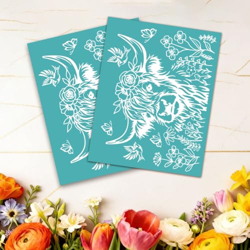2 Sheets Highland Cow with Floral Silkscreen Stencil, Farmhouse Cow Self-Adhesive Silk Screen Printing Stencils Reusable Mesh Stencil for Painting on Wood, T-Shirt, Home Craft - color: Highland Cow