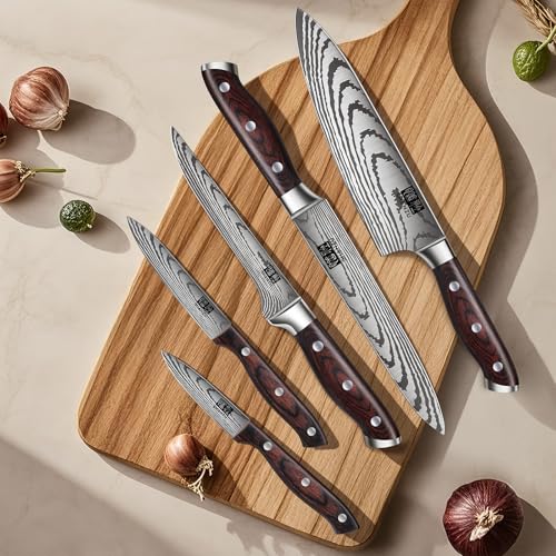 SHAN ZU Japanese Chef Knife Set 5 PCS, High Carbon Stainless Steel Ultra Sharp Kitchen Knives for cooking, Professional Chef Knife Set with Ergonomic Pakkawood Handle - color: 5 PC KNIFE SET