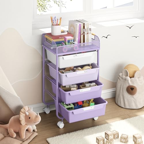 SYKIARIOL 4-Drawer Rolling Storage Cart with Mesh Top, Utility Craft Organizer Cart on Wheels with DIY Labels, Rolling Drawer Cart for Home Office Classroom Bedroom, Purple - color: Purple