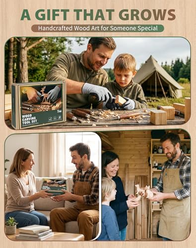 T98 28Pcs Wood Carving Kit & Whittling Tools Set – Deluxe Woodworking Hobby Kit with 8 Carving Knives, 5 Basswood Blocks, 4 Templates, Leather Bag & Safety Gear – DIY Craft Gift for Beginners & Adults
