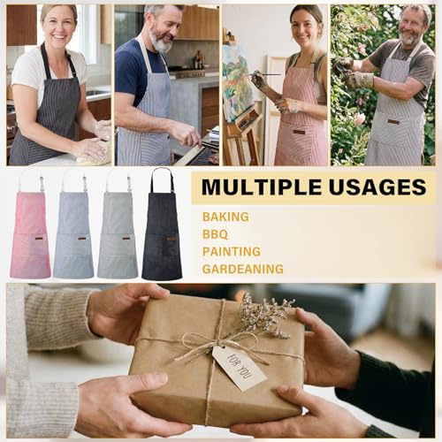 Handepo 4 Pcs Kitchen Aprons with Pockets Adjustable Waterproof Cotton Aprons Striped Apron for Women Men Chef Gift for Dad - color: Black, Pink, Gray, Blue