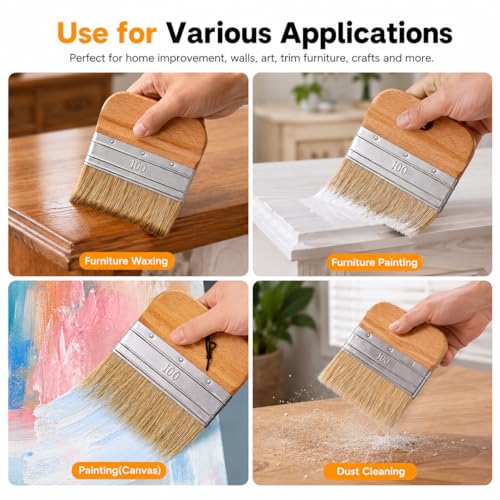 4 Inch Flat Paddle Paint Brush, Paint Brush with Short Wooden Handle, Natural Bristle Brush, Wide Paintbrush for Stains, Varnishes, Wall Painting, Furniture Refinishing & DIY Craft Projects - size: 4 Inch Paddle Paint Brush