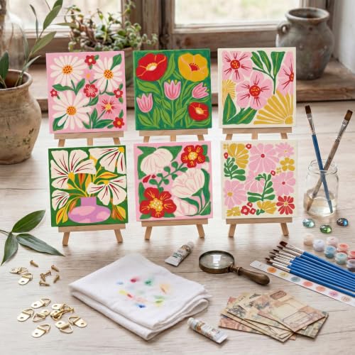 YooNotee 6 Pack Flowers Paint by Numbers Kit on Canvas with Wooden Easels & Brushes, 8x8 Inch Canvas Art Set for Adults DIY Flowers Acrylic Painting for Home Wall Decor - style: Flower