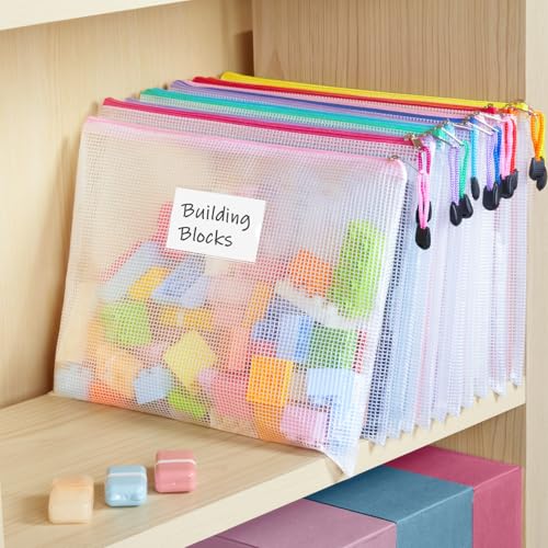Sooez 14 Pack Mesh Zipper Pouch Bags, A4 Letter Size, Zipper Bags with Label Pocket, Waterproof Bag for Classroom Organizer, School Office Teacher Supplies, Storage Pouches for Board Game Toy Storage - style: 14 Pack