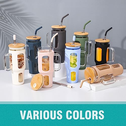 WINSA Glass Tumbler with Lid and Straw, 46 oz Iced Coffee Cup with Handle, Large Water Bottles with Silicone Sleeve, Glass Cup with Straws - Pearl Straw & Drinking Straw BPA Free-White - color: White, size: 46 Ounces