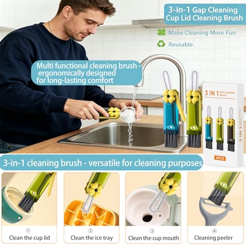 3-in-1 Cup Lid Cleaning Brush, Cup Lid Brush, Multifunctional Water Bottle Cleaning Brush, Home Kitchen Crevice Brush Tools for Tiny Cup Lid Detail, Bottle Tight Spaces Cup(3 PCS) - color: Green Blue Black-1