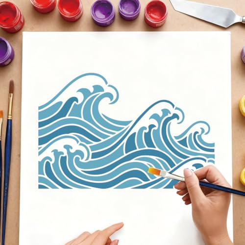 6 Sheets Wave Stencils for Painting, 6 Styles Summer Ocean Sea Wave Wall Stencil Template Reusable Beach Theme Decor Stencils for Painting on Wall Wood Home Decor - style: Waves