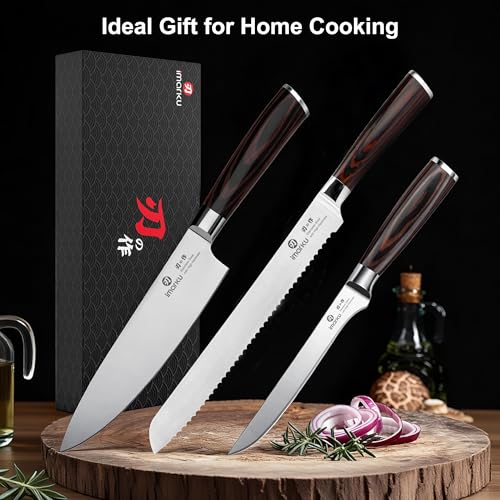 imarku Knife Set, 3 Piece Japanese High Carbon Stainless Steel | Razor Sharp 8 inch Chef Knife, 10 inch Bread Knife and 6 inch Boning Knife for Meat, Bread, Vegetables and Kitchen Prep - color: Pakkawood Brown