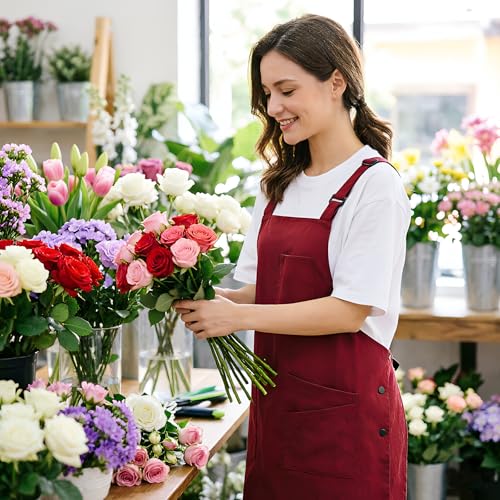 NEWGEM Waterproof Apron with Pockets for Women Cooking Painting Baking Gardening - color: 6 Pockets Burgundy