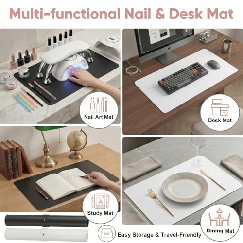 2 PCS Nail Art Table Mat, Soft Microfiber PU Leather Nail Pad, Foldable Nail Art Rest Pad, Reusable Nail Mat for Table Desk, Acrylic Nail Desk Mat for Nail Cushion (Black and White) - color: Black and White