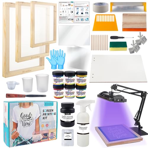 Ecoofor Screen Printing Kit 63 pcs All-in-One Set with 50 W UV Exposure Lamp, 3 Size Wood Screen Printing Frames, 6 Colors Screen Printing Ink, 15 A4 Inkjet Transparency Films & Emulsion Stripper