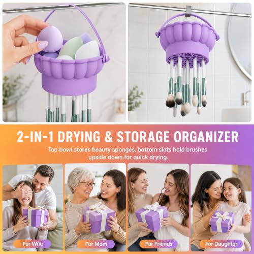 Pinkiou Makeup Brush Cleaner Mat, 3-in-1 Silicone Cosmetic Brushes Cleaning Bowl with Hanging Drying Mesh & Holder Organizer, Multi-Texture Wash Pad Tool for Sponges, Powder Puffs, Home and Travel - color: Purple