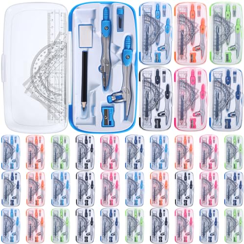 Zonon 36 Sets Math Geometry Kit Student 10 Pcs Shatterproof Storage Box Includes Compass, Rulers, Protractor, Eraser, Pencil Sharpener, Lead Refills, Pencil for Back to School Students Class Teacher