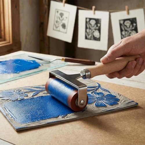 QWORK Soft Rubber Brayer, 4 Inch Soft Natural Latex Roller with Precision Finish, Steel Frame, Ideal for Linoleum, Soft Block, or Woodcut Printing
