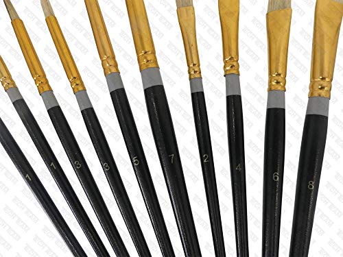 Artist's 100% Natural Hog Hair Bristle Paint Brush Set, 10 Brushes, 6 Round, 4 Flat, Comfortable Handles, for Oil, Acrylic, Watercolor, Tempera, by Tech Team