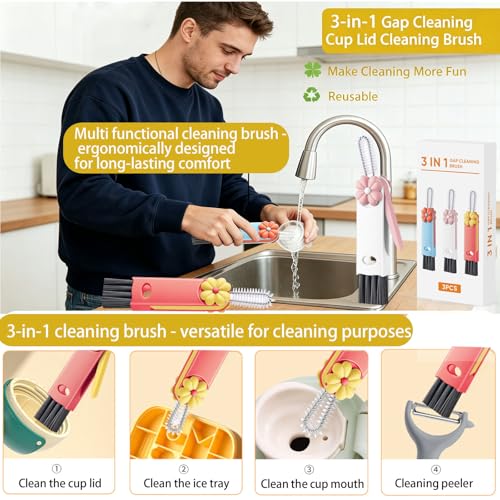 3 in 1 Cup Lid Cleaning Brush, Cup Lid Brush, Upgraded 3PCS Multifunctional Water Bottle Cleaning Brush, Home Kitchen Crevice Brush Tools for Tiny Cup Lid Detail, Bottle Tight Spaces Cup - color: Red Blue White(include Packaging Box)