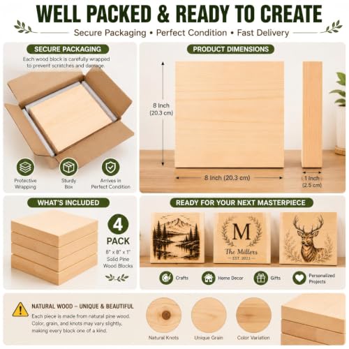 4 PCS Solid Pine Wood Blocks, 8 x 8 x 1 Inch One-Piece Unfinished Wood Panels for Wood Burning, Laser Engraving, Painting, DIY Signs, Home Decor and Craft Projects - size: 8x8x1 Inch