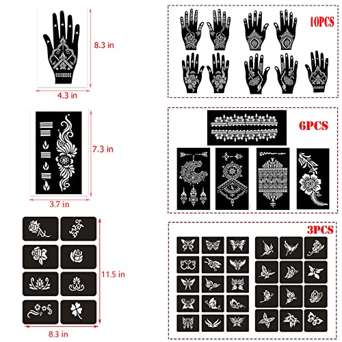 Temporary Tattoo Stencils Kit - 19 Sheets Butterfly, Flower, and Henna Stencils for Hands Body Paint, Glitter, Airbrush, and DIY