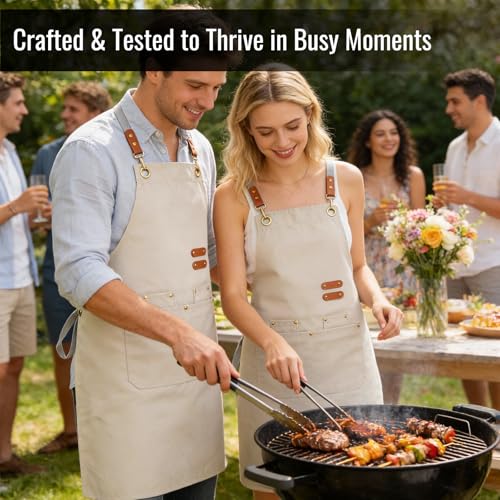 Aoomzoon Durable Kitchen Apron,Multifunctional Chef Aprons for Women & Men with Pockets for Cooking Baking & Daily Use - color: Beige