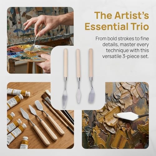 3Pcs Palette Knife Set with Wooden Handle, Metal Paint Scraper Tools for Oil Painting, Mixing, Spreading and Texture Art