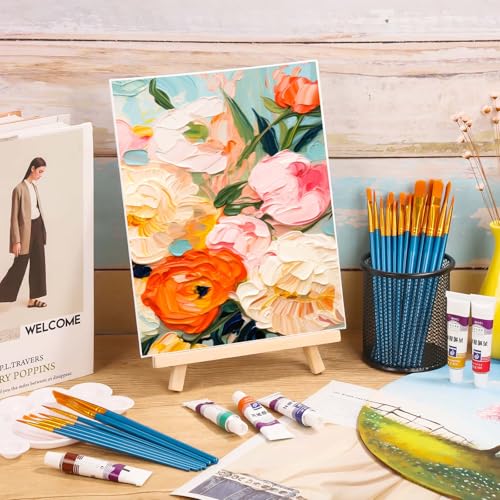 54 Pack Canvas with Easel Set 8 x 10 Inch Canvas Boards with Wooden Easels, Paint Brushes Canvas Panel Painting Kit for Acrylic Oil Watercolor Beginners Art Crafts Sip and Paint Party - color: Canvas and Easel Set