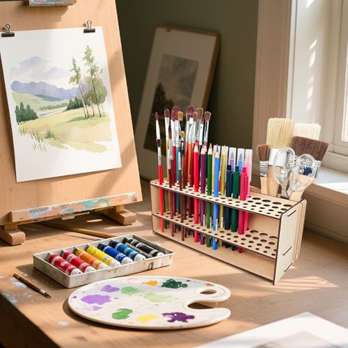 Wooden Paint Brush Holder with Wood Glue 69 Holes MDF Paintbrush Holder Organizer Artist Brush Holder Paint Brush Stand Rack for Artist Brushes Pens Pencils - style: 69 Holes