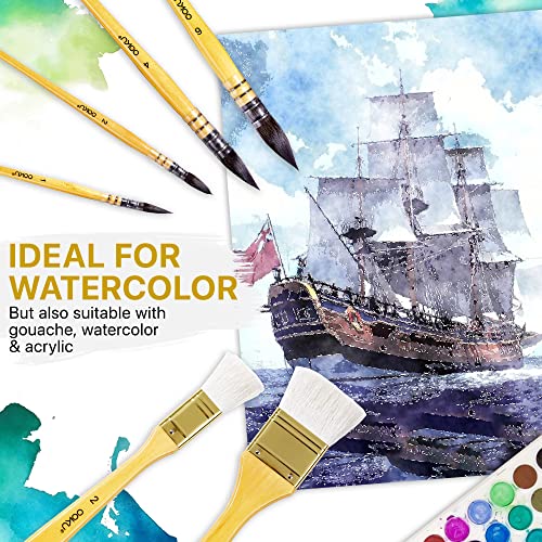 OOKU Professional Quill Brushes Watercolor Set - 6 Pc Real Squirrel Hair Blend Brushes for Consistent Flow - Short Handle Round Paint Brush for Artists, Painting, and Gouache