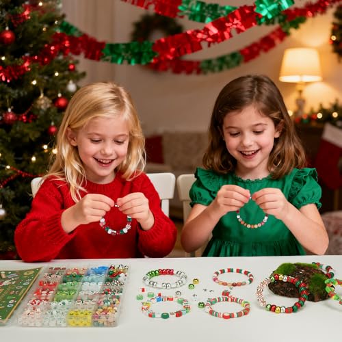 Gionlion Christmas Beads Bracelet Making Kit, 800 Pcs Polymer Clay Beads Jewelry Kit for Girls, Holiday DIY Craft with Christmas Crafts Charms, Perfect Stocking Stuffer for Kids - style: Christmas