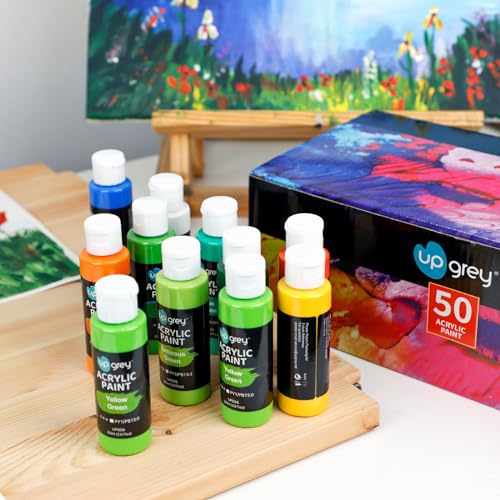UPGREY 50 Colors Acrylic Paint Set, Non Toxic Art Paints (2fl Oz/60ml Each) With 5 Craft Paint Brushes, Metallic Acrylic Paints Kids Adults for Canvas Crafts Stone Wood Ceramic And Model Painting - color: 50 Colors(60 ml/2fl oz)