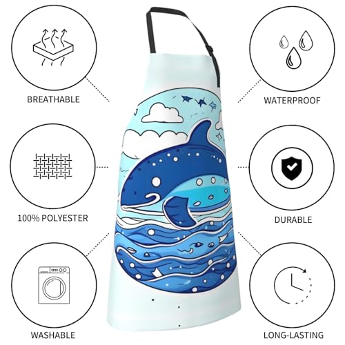 Round watercolor painting Heavy Duty Waterproof Apron with Pockets for AdultsResistant Grilling, Gardening, Painting - color: Small Whale Swimming