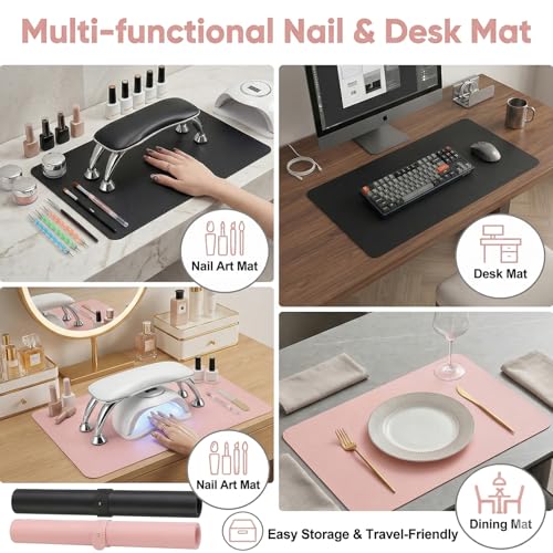 2 PCS Nail Art Table Mat, Soft Microfiber PU Leather Nail Pad, Foldable Nail Art Rest Pad, Reusable Nail Mat for Table Desk, Acrylic Nail Desk Mat for Nail Cushion(Pink+Black) - color: Black and Pink