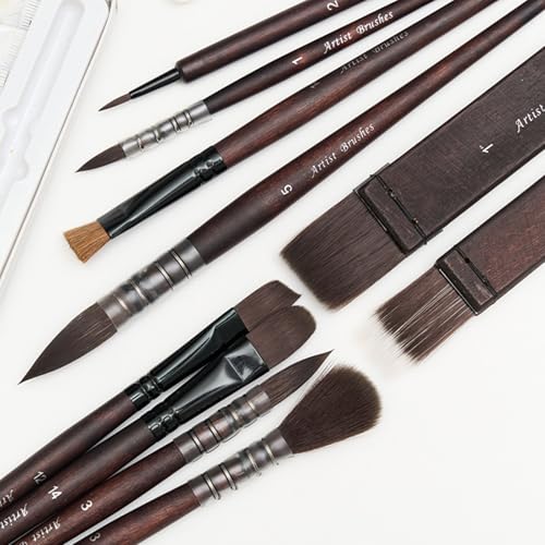 10 Pcs Watercolor Brush Set, Synthetic Hair with Wood Handle, Hake Round Flat Dagger Needle Cat Tongue for Acrylic Gouache Detail Painting