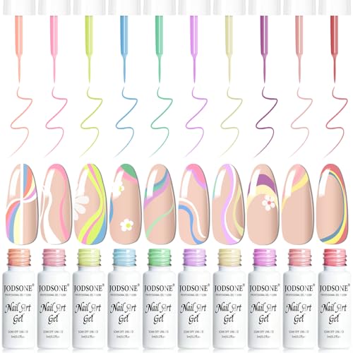 JODSONE 5ml Nail Art Gel Liner Set 10 Colors Gel Nail Polish Need U V Lamp Cured with Thin Brush Gift for Girls at Home Salon Design,Pink Red Blue Purple - color: LB501-LB510