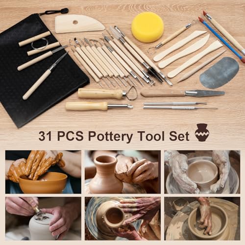 Amrules Clay Tools Kit, 31 PCS Pottery Tools, Practical Polymer Clay Sculpting Tools Kit, Air Dry Clay Tools Set for Beginner, Adults, Pottery Craft, Carving, Drawing, Molding, Modeling, Shaping - color: Lightyellow-31Pcs