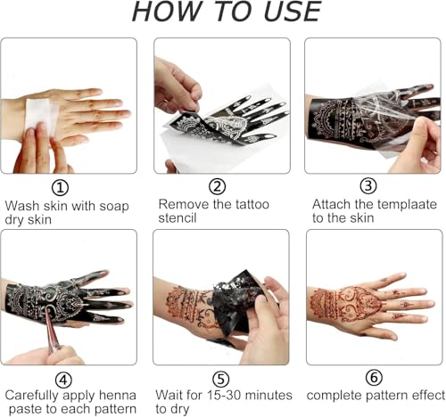 Henna Tattoo Stencil Kit, 12 Sheets Temporary Tattoo Templates for Hand,Large Indian Temporary Tattoo Stickers