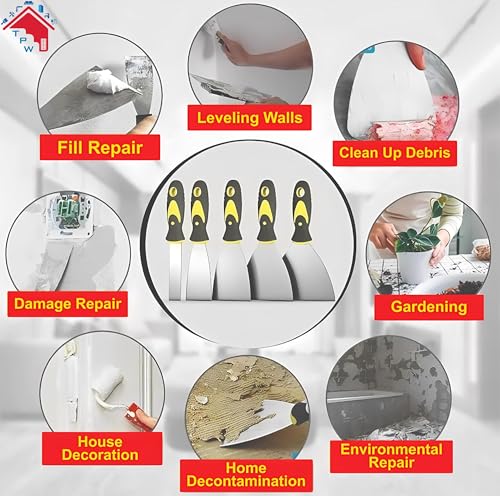 TPW 5-Pcs Putty Knife Set, 1-5 Inch Stainless Steel Scrapers for Drywall Repair, Wallpaper Removal, Mud and Plaster Scraping