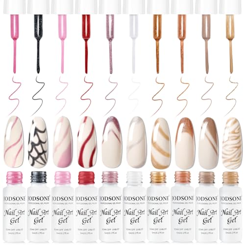 JODSONE Nail Art Gel Liner Set 10 Colors Glitter Red Black Pink Gel Nail polish Need U V Lamp Cured with Thin Brush at Home Salon Design,Gifts for Women - color: LB1001-LB1010