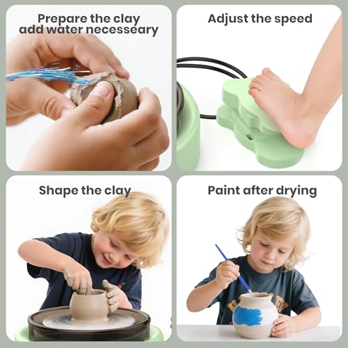 Skirfy Mini Pottery Wheel for Beginners Adults with Foot Pedal9.5"Ceramic Machine for Kids Art Craft Glow in Dark Kits 2.2LB Air-Dry Clay,Carving Tools Adjustable Speed,DIY Projects Birthday Gift - color: Green