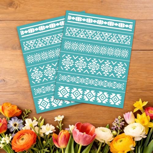 2 Sheets Aztec Patterned Silk Screen Stencil, Tribal Geometric Self-Adhesive Silk Screen Boho Printing Stencils Reusable Mesh Stencil for Painting on Wall, Wood, T-Shirt, Home Craft Decor - style: Aztec Pattern