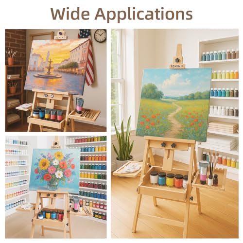 Large Horizontal Wooden H-Frame Studio Easel with Storage Drawer and Palettes, Solid Beechwood Painting Easel for Students, Beginners, and Artists, Hold Canvas to 50Inches High - style: Horizontal Natural