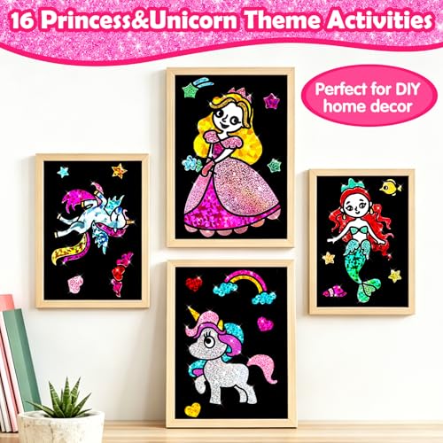 FUNNYB&G Foil Art Craft Kit for Girls 4-10 Years Old: Mess-Free & No-Glue, Create 16 Sparkly Princess Unicorn Pictures – Perfect Travel Toy & Birthday Gift for Kids (Princess) - style: Princess