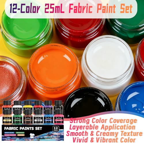 Fabric Paint Set, 12 Vibrant Colors Permanent Textile Paint (25ml/0.88oz) with Brushes & Stencils, Non-Toxic Water-Based Paint for T-Shirts, Bags & DIY Art Projects - color: 12colors