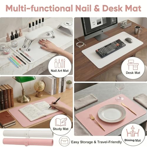 2 PCS Nail Art Table Mat, Soft Microfiber PU Leather Nail Pad, Foldable Nail Art Rest Pad, Reusable Nail Mat for Table Desk, Acrylic Nail Desk Mat for Nail Cushion (Pink and White) - color: Pink and White