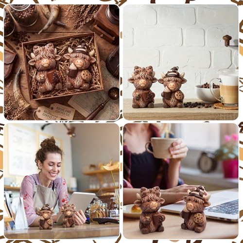 Poen 2 Set Coffee Highland Cow Ready to Paint Your Own Statue Sweet Coffee Lover Gift 4" Mini Paintable Ceramics Blank Cow Figurine Brush Palette Paint for Craft DIY Home Decor Adult Mother's Day - style: Coffee Highland Cow