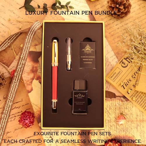 DUNBONG Luxury Fountain Pen, Aureate Gold Powder Finish, Gold Plating and Red Lacquer, Intricate Engraved Pattern, Gilded Medium Nib, Refillable Ink Converter, Luxury hard Gift Box(lion)