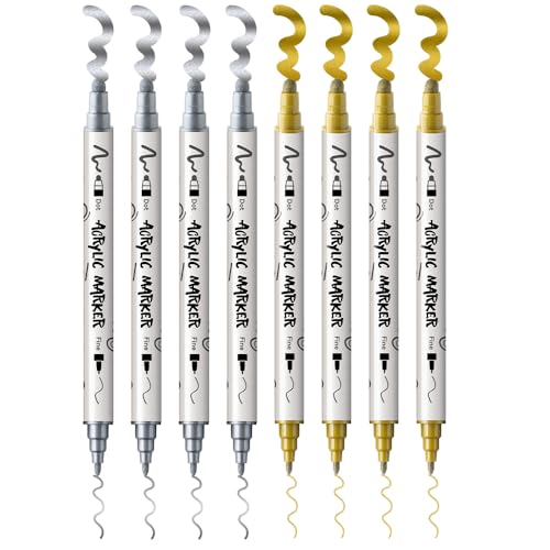 TRANSON 4 Silver and 4 Gold Paint Markers Bold and Fine Dual-tip Acrylic Paint Marker Set for Rock Painting Glass Canvas Wood Leather Ceramic Painting - style: Bold and Fine 4 Gold and 4 Silver