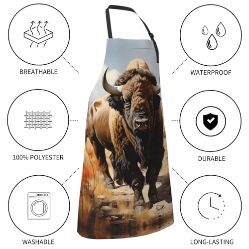 Prancing Brown Horse Heavy Duty Waterproof Apron with Pockets for AdultsResistant Grilling, Gardening, Painting - color: North American Bison Herd